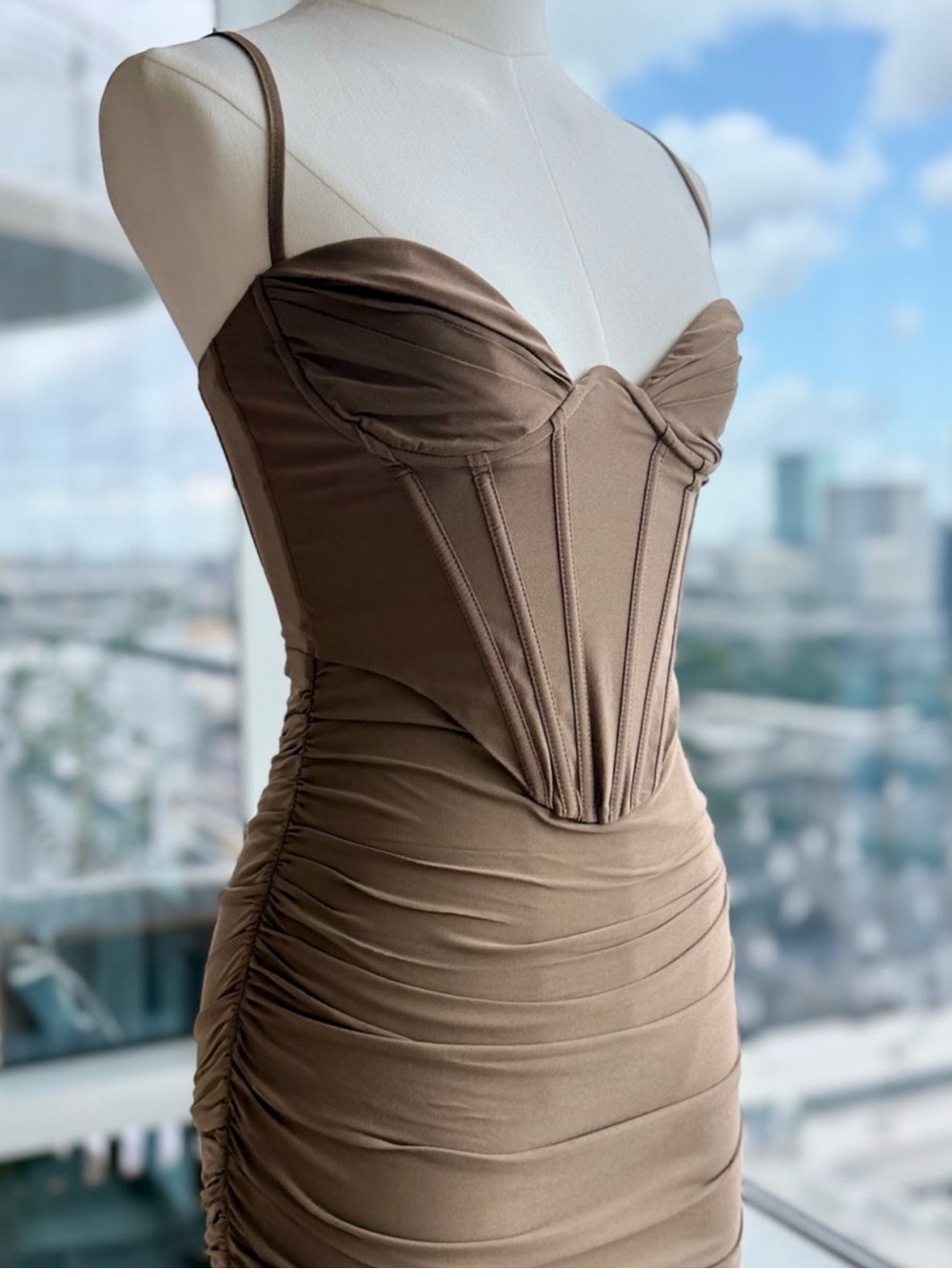 NWT Babyboo Corset Ruched Mini Dress XS Mocha